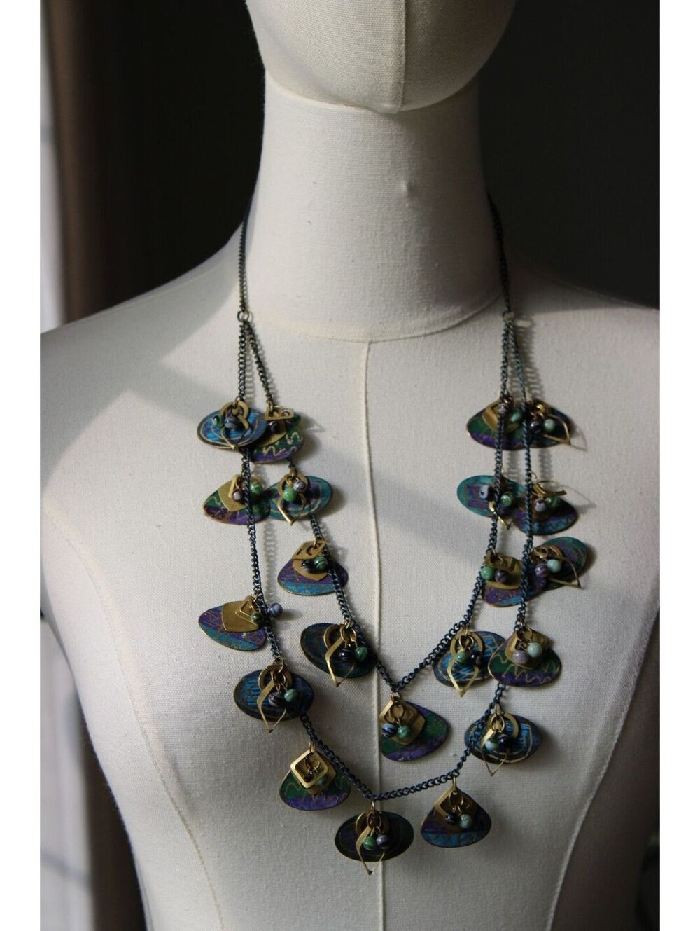 Boho 2-Tier Collar Necklace w/Hand-Painted Copper Disks on Painted Copper Chain